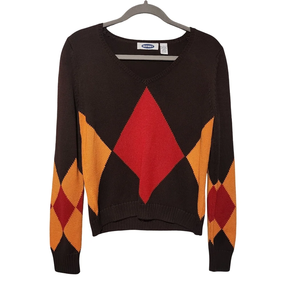 OLD NAVY Sweater Womens Large Brown Argyle Diamond Knit V Neck Y2K Preppy Retro - Picture 2 of 9